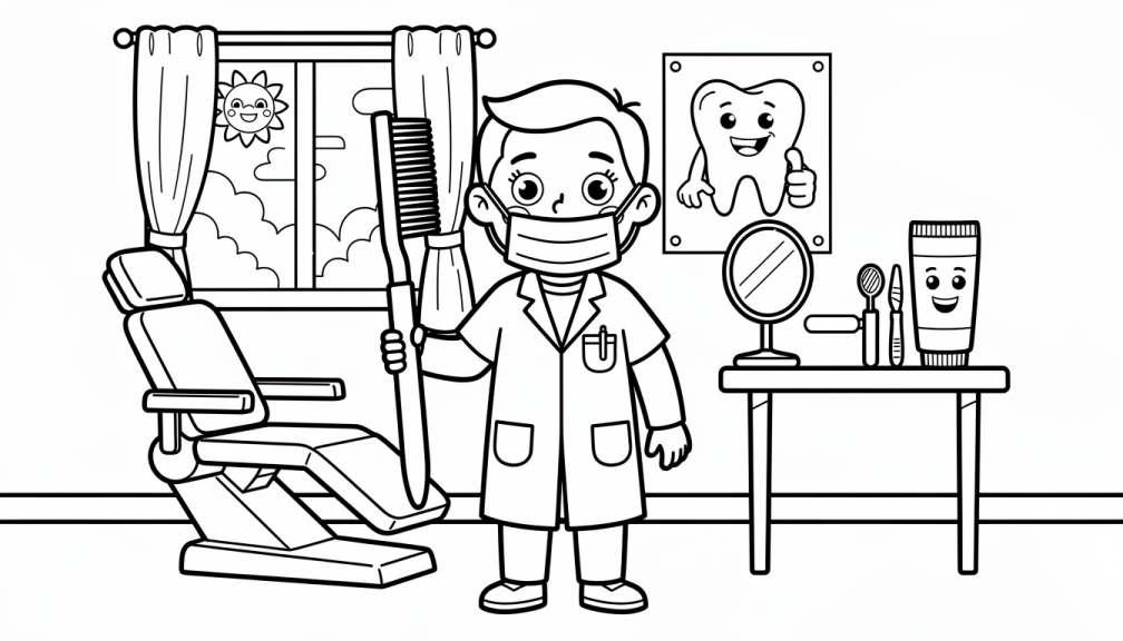 En munter tannlege-fargeleggingsside med en smilende tannpleier i hvit frakk som holder en tannbørste i et imøtekommende kontorlokale.