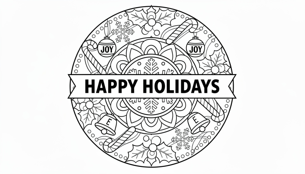 Festivalik desenler ve tatil öğeleri içeren ayrıntılı Happy Holidays mandala zentangle boyama sayfası.