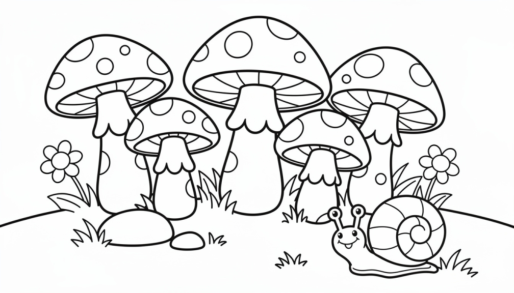 Wesoła strona do kolorowania ogrodu grzybów z pięcioma kapryśnymi grzybami w kropki i przyjaznym ślimaczkiem.