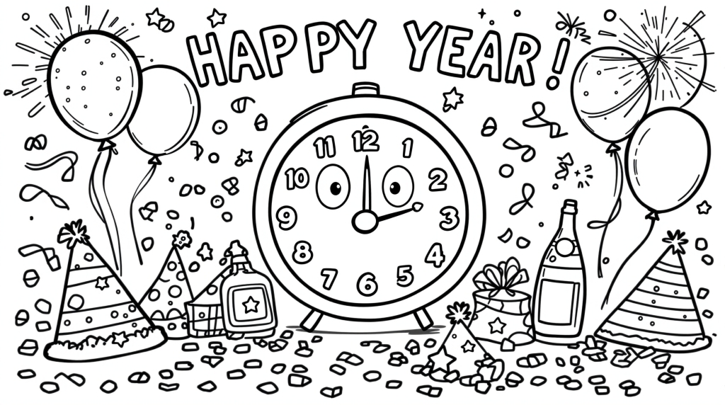 Une page de coloriage de célébration du Nouvel An avec une horloge souriante de minuit entourée de ballons et de décorations festives.