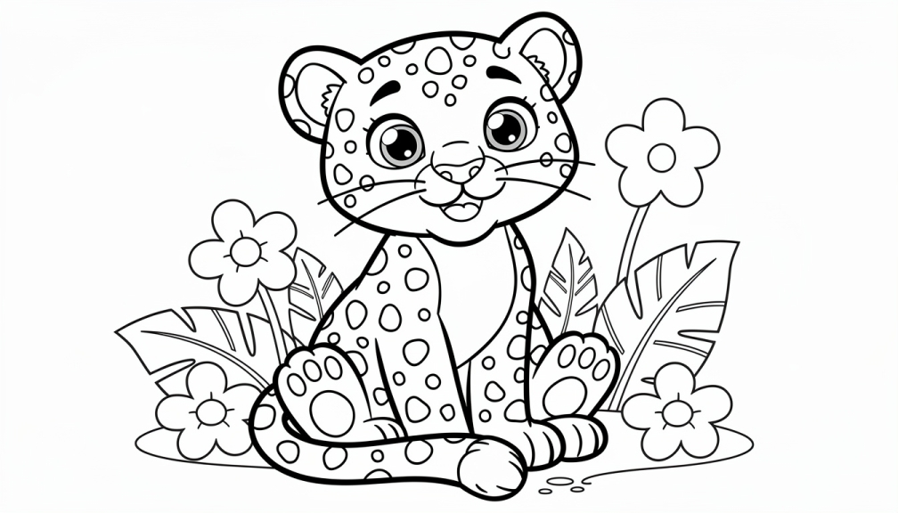 A playful baby leopard sits surrounded by tropical flowers and leaves.