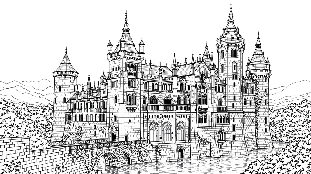 フレドロの「復讐」に着想を得た壮麗なポーランド中世城の精密な大人の塗り絵 - ゴシック建築と細密な石造りの装飾