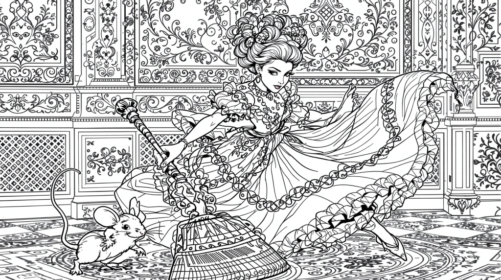 En elegant kvinna i barockstil klänning jagar en mus med en utsmyckad mattklappare i en rikt dekorerad interiör.