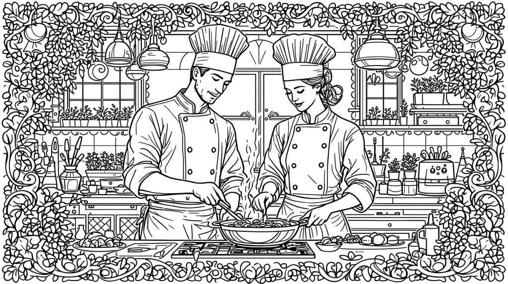 En detaljerad färgläggningssida som visar en manlig och kvinnlig kock som arbetar tillsammans i ett utsmyckat professionellt kök med dekorativa Art Nouveau-ramar.