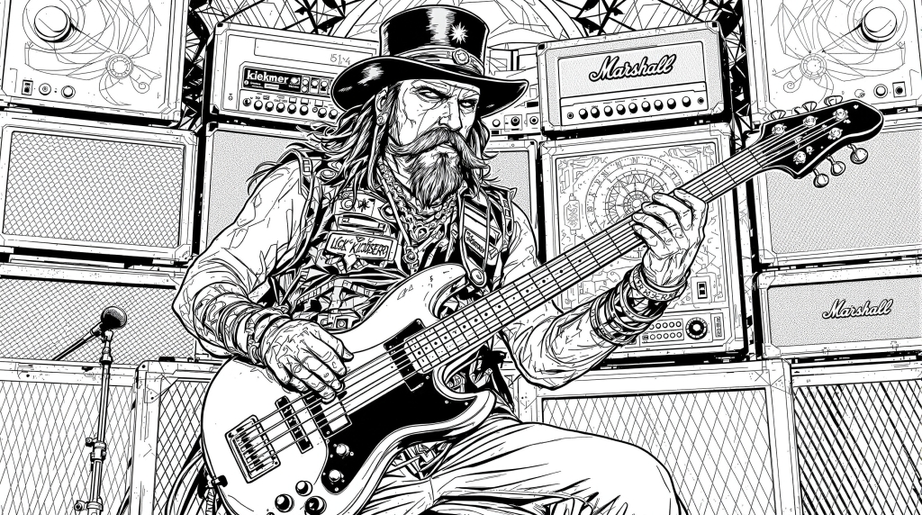 En detaljeret sort-hvid farvelægningsside, der viser Lemmy Kilmister, der spiller sin ikoniske Rickenbacker-bas.