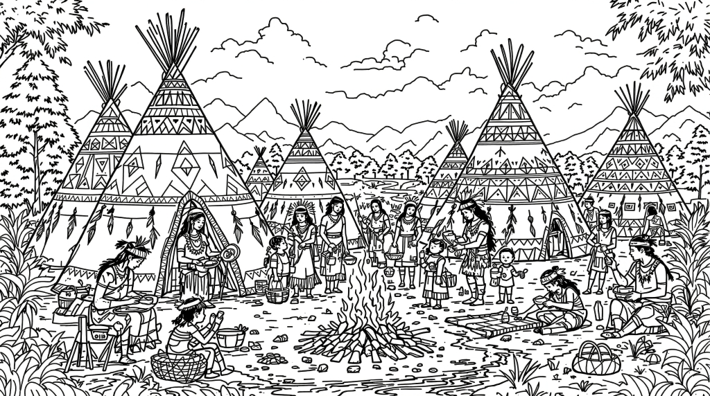 En detaljeret farvebog med indianerlandsby der viser traditionelt dagligliv med mænd, kvinder og børn.