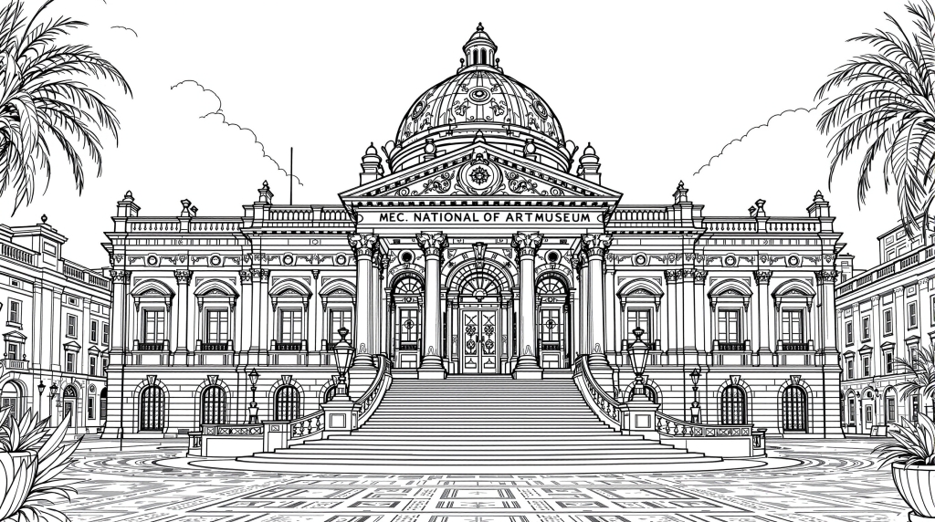 メキシコシティ国立美術館の塗り絵 - 新古典主義とバロック様式の緻密な建築デザイン