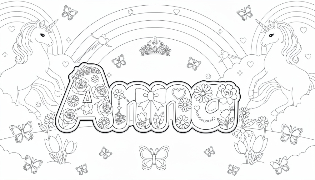 Colorear Nombre Anna Princesa Y Unicornios PDF Gratis Colorazen