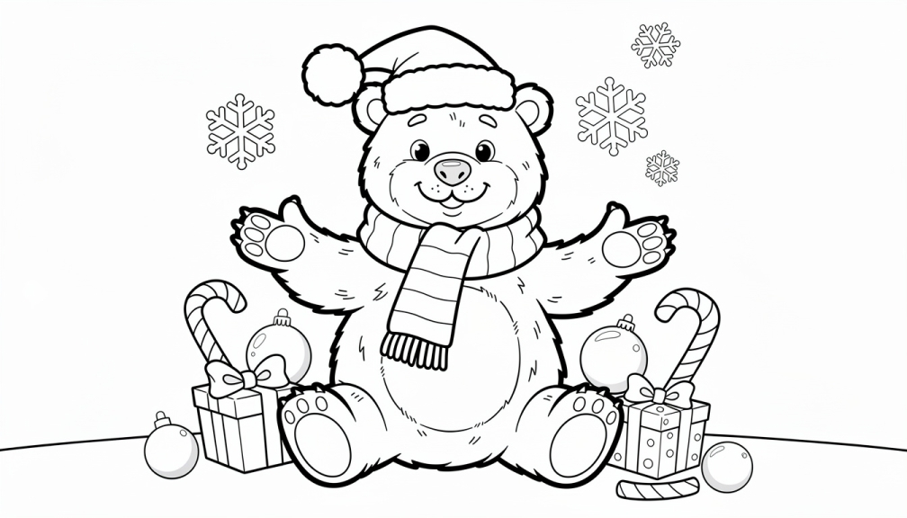 A realistic bear wearing a Santa hat and Christmas scarf sits upright with outstretched paws surrounded by ornaments, candy canes, gifts, and snowflakes in a festive coloring page.