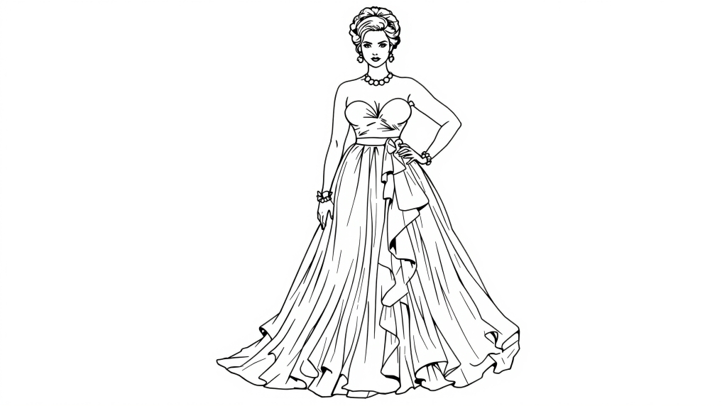 En elegant plus-size modemodel farvesiden med en dramatisk couture balkjole med kaskaderende flæser og ornamentale detaljer.