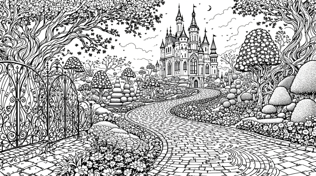 豪華な城と美しい庭園が描かれたおとぎ話の風景・大人の塗り絵ページ