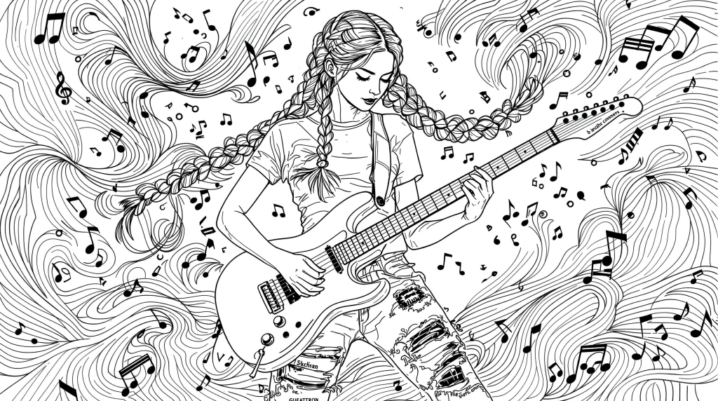 編み込みツインテールの現代的な女性がエレクトリックギターを演奏する、流れる楽譜パターンに囲まれた大人の塗り絵