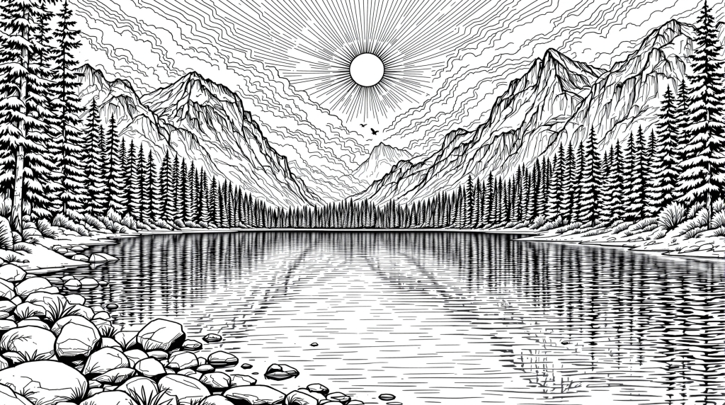 美しい山と湖の大人の塗り絵 - 水面に映る完璧なリフレクションとアルペン風景