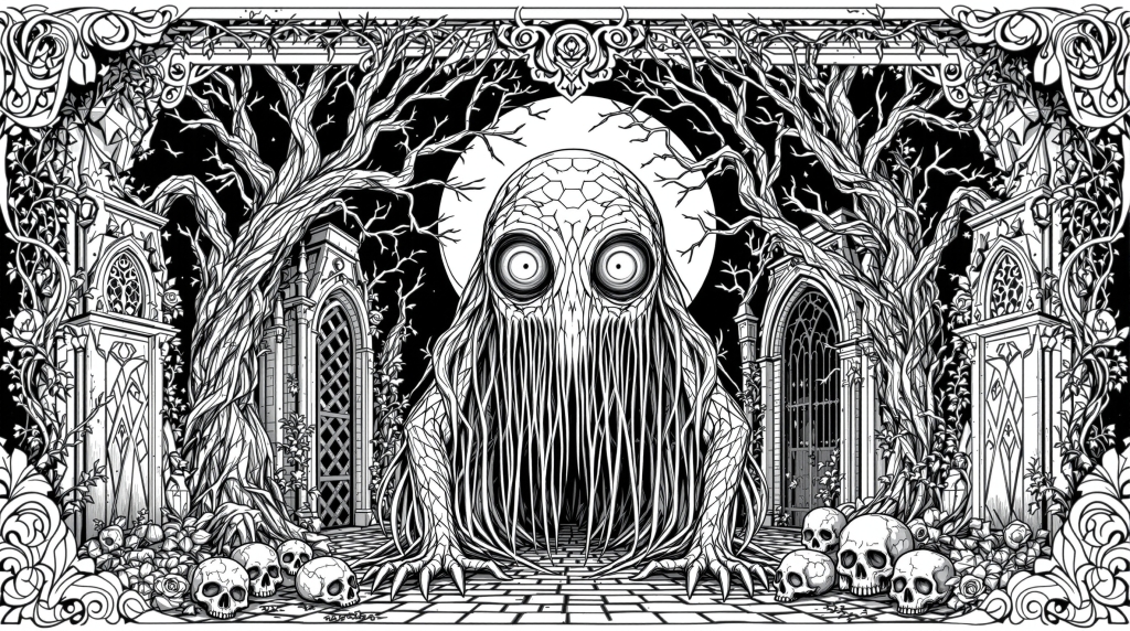 モモチャレンジの不気味なクリーチャー塗り絵 - ゴシックホラーとドリップアートの大人向け精密デザイン