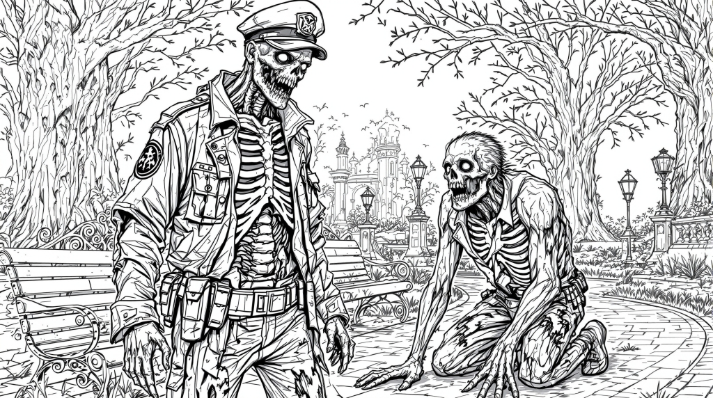 En detaljeret zombie-vagter farvelægningsside med to udøde vagter i en gotisk slotpark med indviklet linjeart.