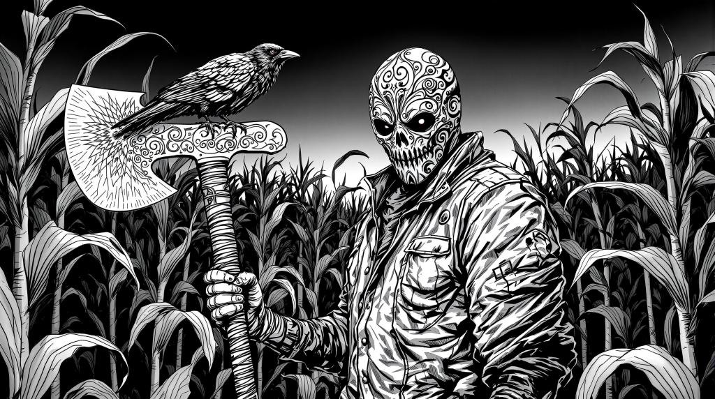 En færdig sort-hvid illustration, der viser en skeletlignende høstmandsfigur med ornamentale kranieemønstre, der holder en dekoreret økse i en mørk majselabyrint.