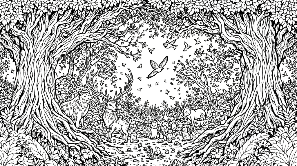 魅惑の森の塗り絵 - 多様な野生動物とシンメトリーなアーチ構図の繊細なデザイン