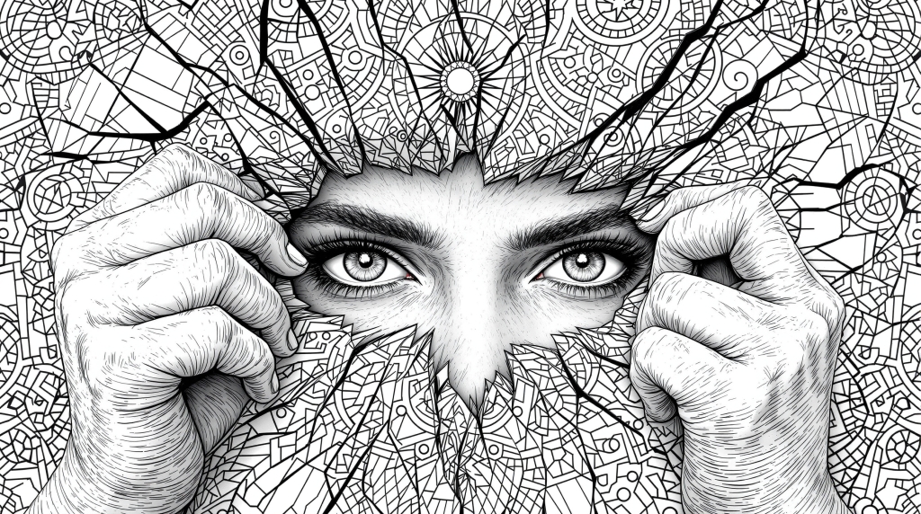 An intricate adult coloring page featuring a person with hands and eyes emerging through geometric mandala patterns.