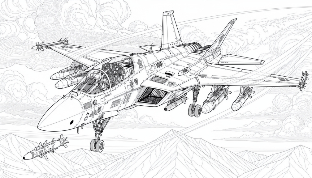 Una pagina da colorare di un moderno caccia sofisticato bimotore con dettagli tecnici intricati e posizionamento di volo dinamico.