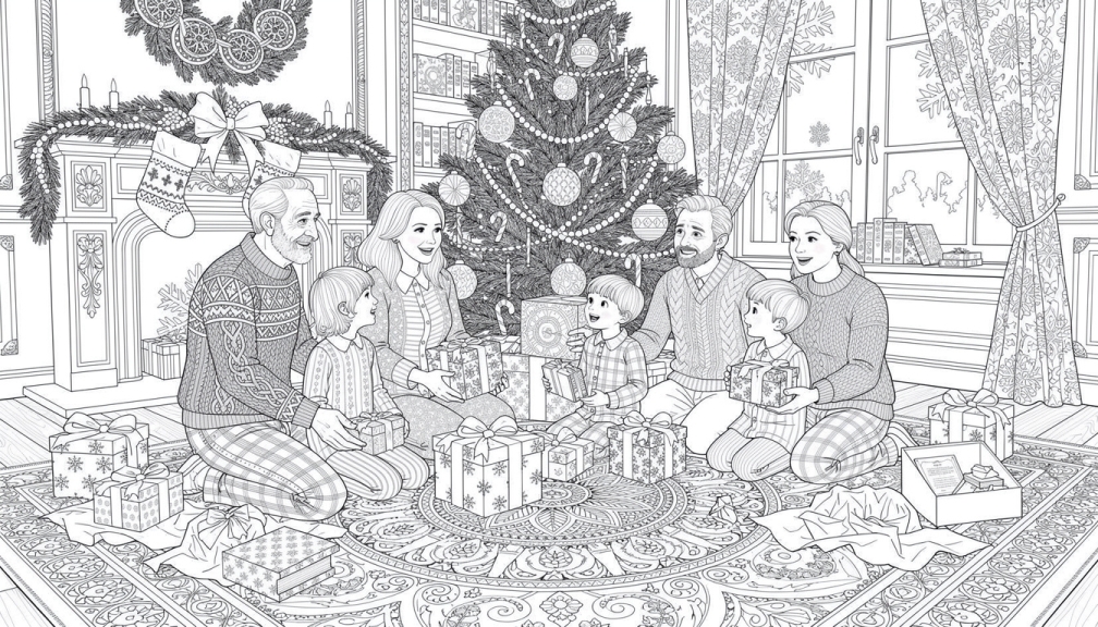 Una familia multigeneracional abre regalos de Navidad juntos en una sala de estar decorada ornamentalmente en la mañana de Navidad.