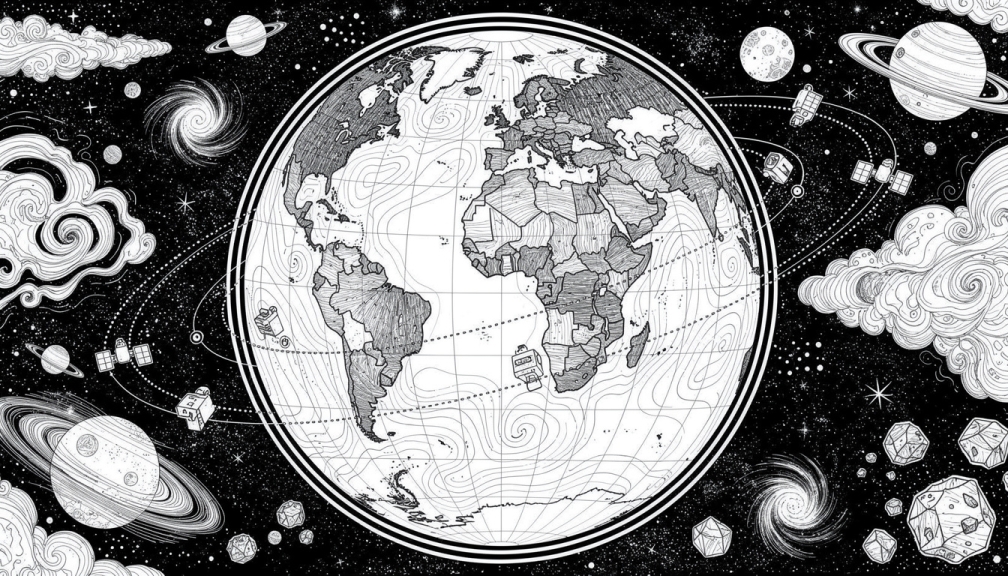 Uzaydan görünen Dünya'yı detaylı kıtalar, dönen bulutlar, gök cisimleri ve dekoratif yörünge öğeleriyle gösteren karmaşık siyah beyaz boyama sayfası.