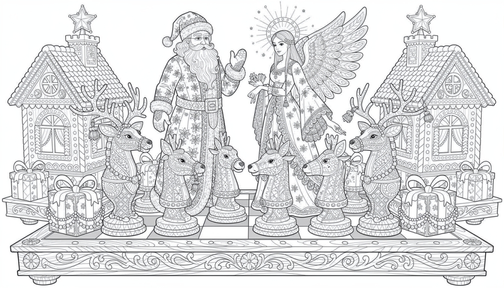 An ornate Christmas display scene featuring Santa Claus, an angel, reindeer, and gingerbread houses on a decorative mantelpiece for adult coloring.