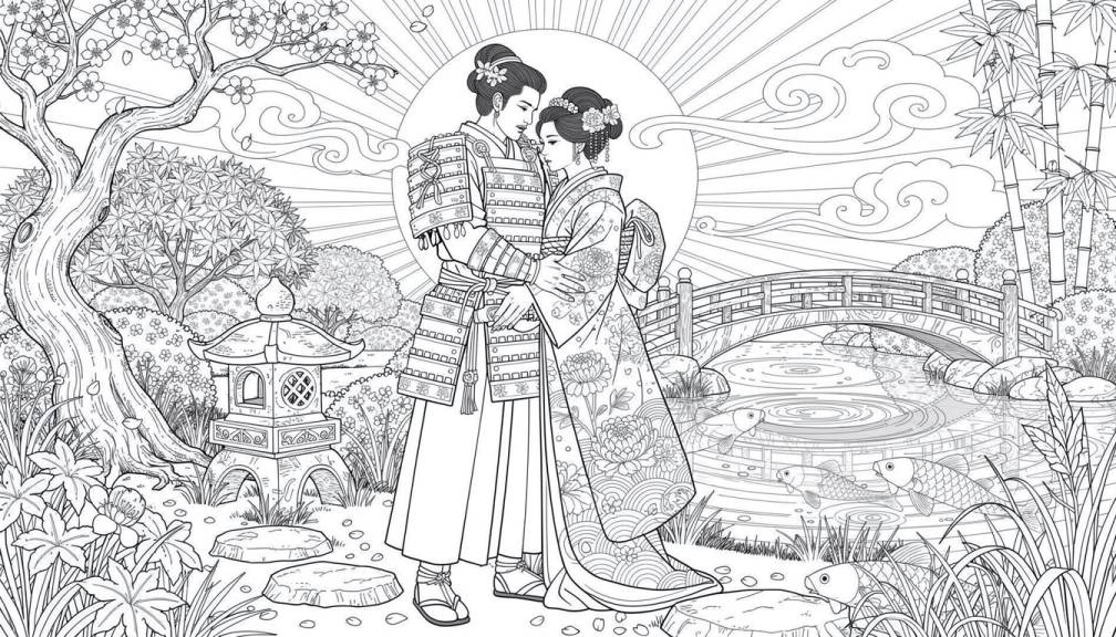 A romantic Japanese samurai couple embraces at sunset in a traditional garden coloring page with intricate details.