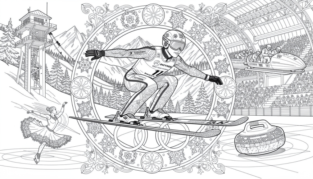 An Olympic ski jumper soars within an ornate winter sports medallion.