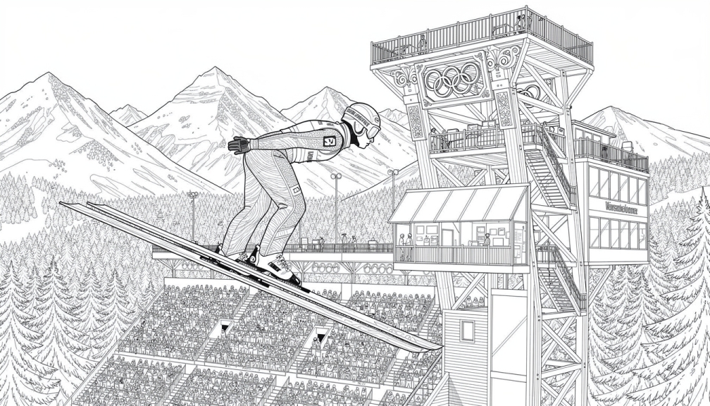 A ski jumper soars above a detailed jump tower with Alpine mountains behind.