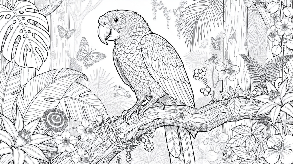 A proud parrot perches on a rainforest branch surrounded by tropical flowers and leaves.
