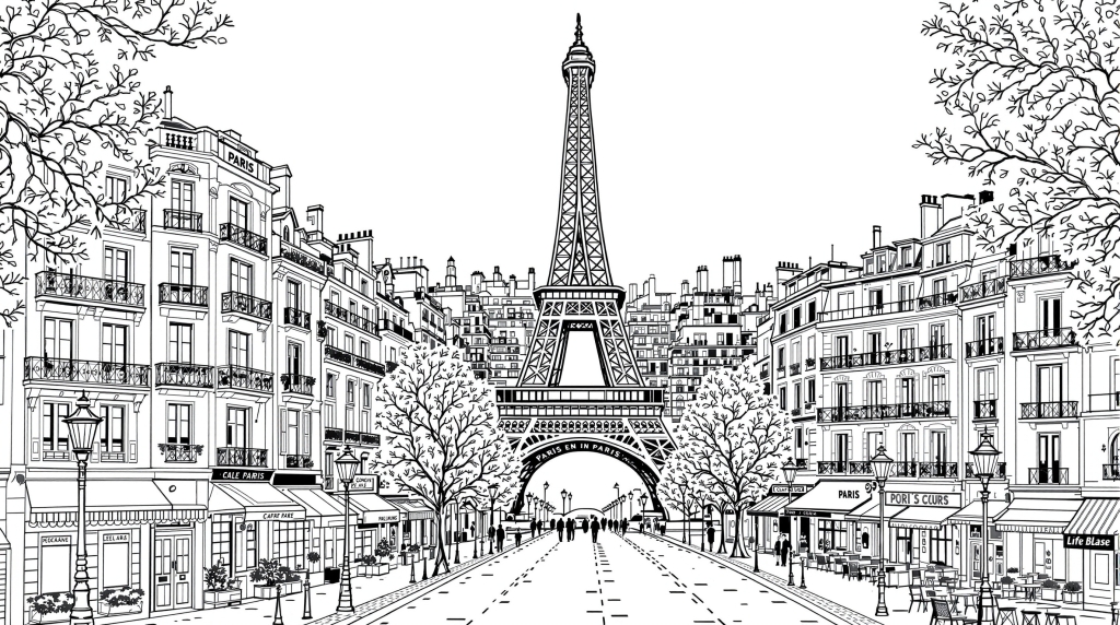 エッフェル塔を望むパリの街並み - 並木道から見た大人の塗り絵