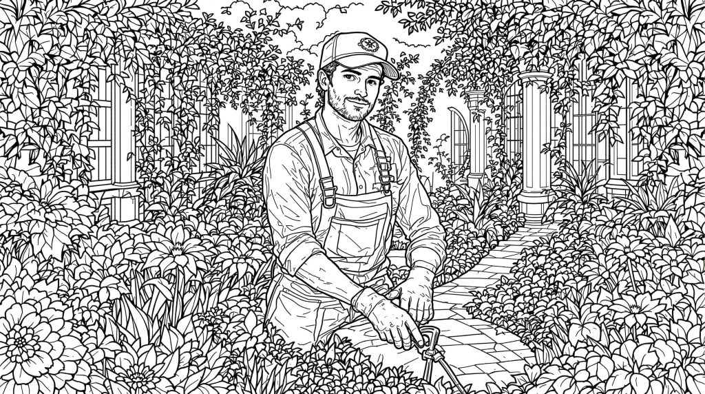 En professionell trädgårdsmästare målarsida med intrikata botaniska trädgårdsscener och klassisk arkitektur.