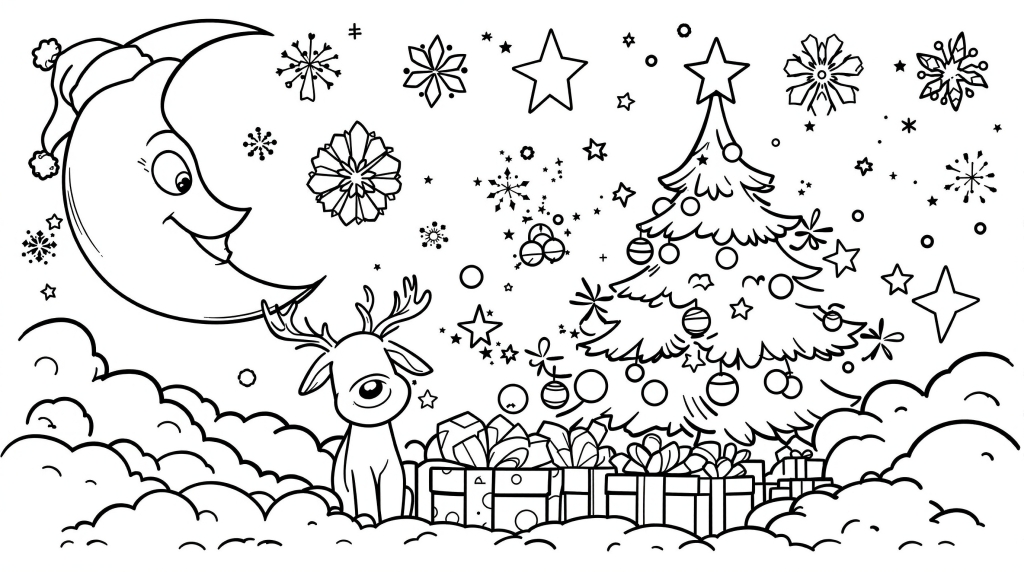 A magical Christmas dream scene coloring page featuring a smiling moon, reindeer, and Christmas tree with whimsical decorations.
