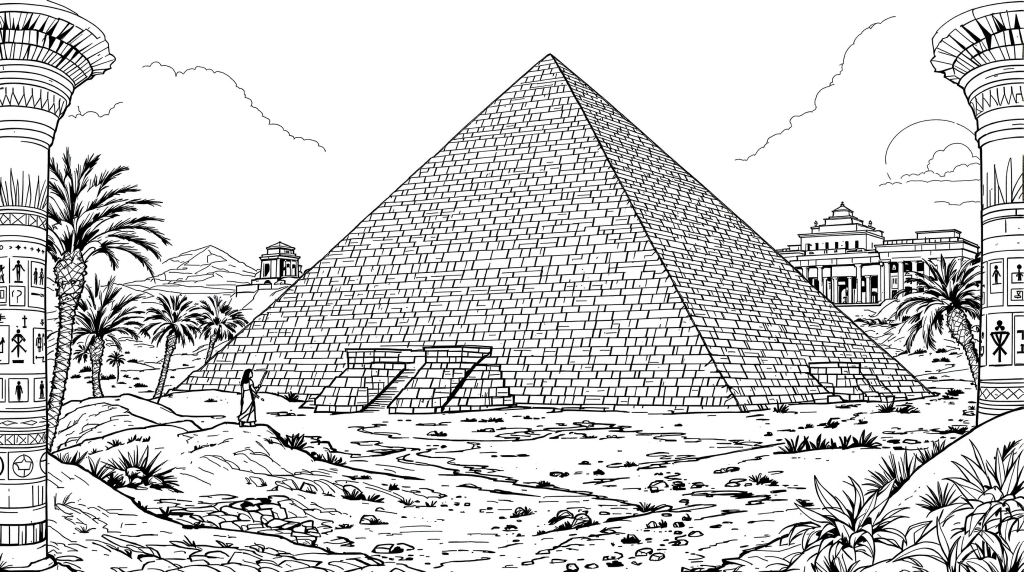 壮大なエジプトピラミッドの塗り絵 - 精密な建築デザインと砂漠の風景