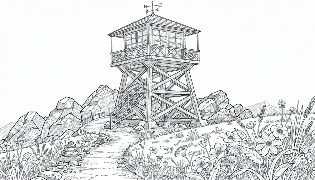 Wieża obserwacyjna pożarów stoi na szczycie górskim, otoczona dzikimi kwiatami i skalistym terenem.