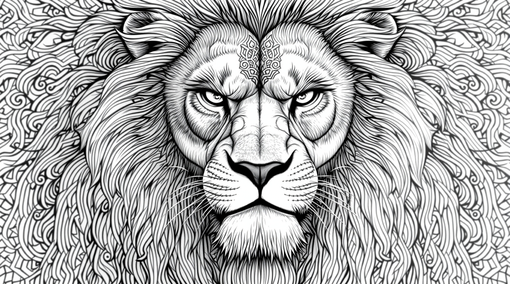 A majestic giant lion with fierce glaring expression and ornate decorative mane patterns in black and white coloring page design.
