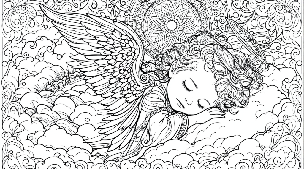 A beautifully detailed sleeping child angel coloring page with elaborate baroque scrollwork and celestial decorations.