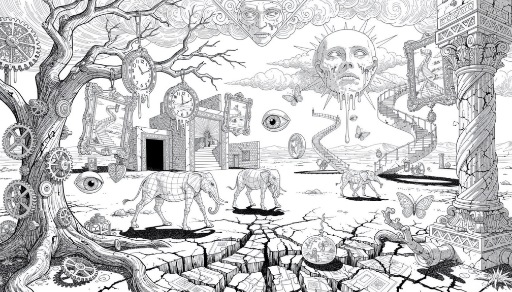 Surreal dreamscape with melting clocks, impossible staircases, and elongated creatures in Dalí's style.