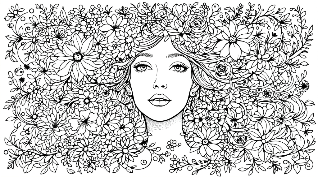 Ett fridfullt porträtt av en kvinna med flytande hår sammansatt helt av invecklade botaniska element i detaljerad linjekonststil.