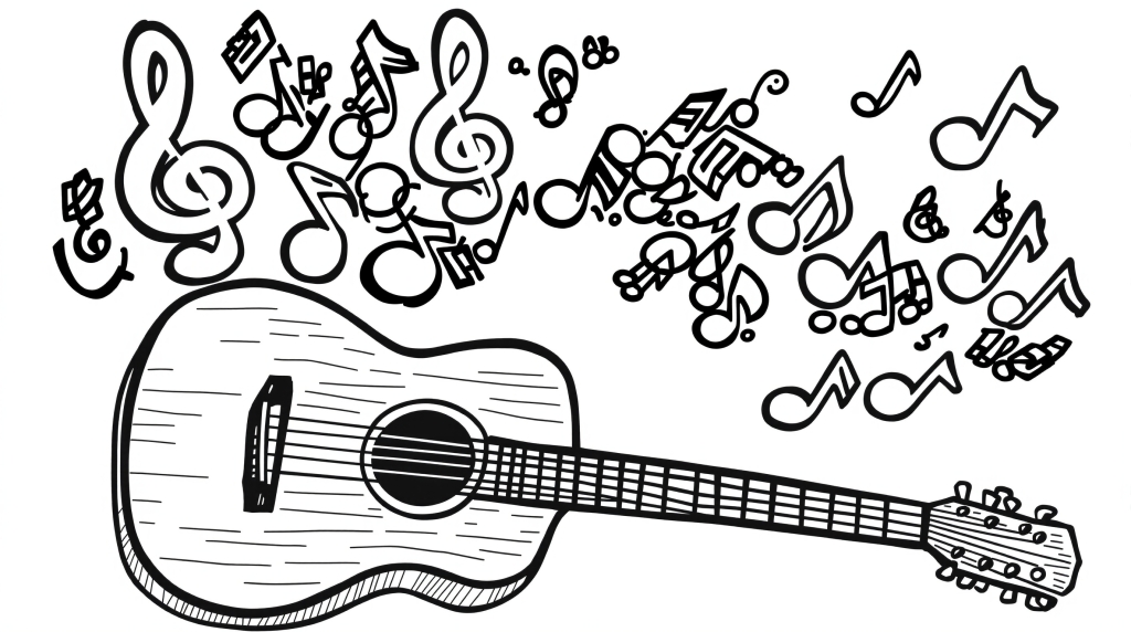 En akustisk guitarfarvelægningsside med flydende musiksymboler og instrumenter der skaber en legende musikalsk komposition.