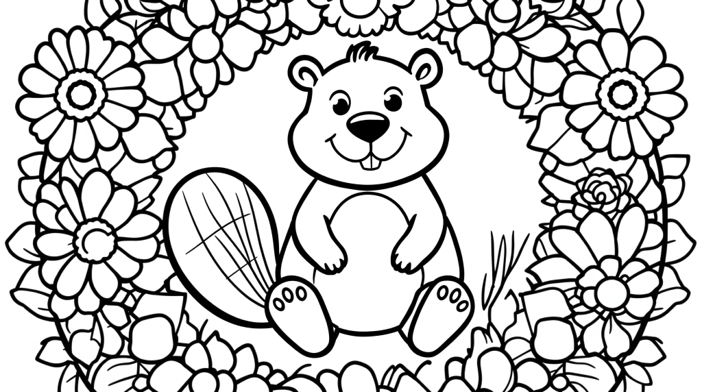 花曼陀羅に囲まれた愛らしいグラウンドホッグの大人の塗り絵