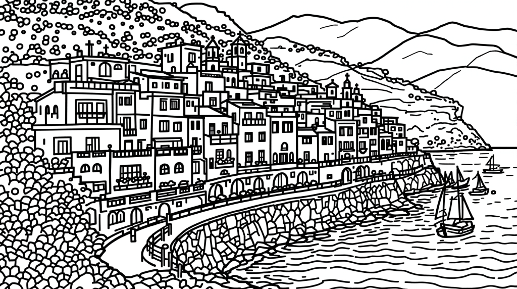 アマルフィ海岸の塗り絵 - 崖に広がる地中海の村々と建築美を描いた大人向け精密塗り絵