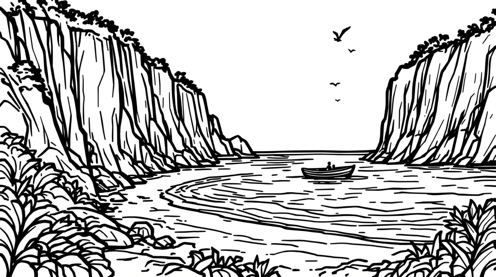 断崖絶壁と透明な海が美しい熱帯ビーチの入り江の塗り絵 - 大人向け詳細イラスト