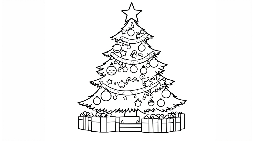 A festive Christmas tree coloring page featuring a decorated evergreen with ornaments, presents, and a star topper.