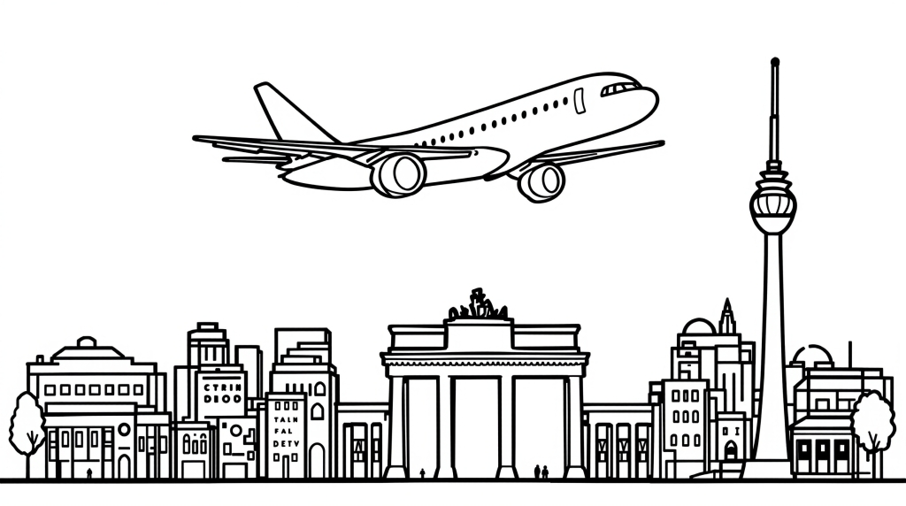A commercial airplane flying over Berlin's iconic skyline featuring Brandenburg Gate and TV Tower in simple line art style.