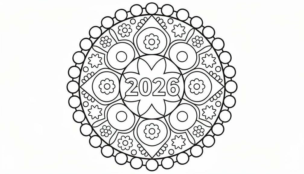 Uma página de colorir mandala para iniciantes apresentando números 2026 em negrito no centro cercados por padrões geométricos e designs simétricos.