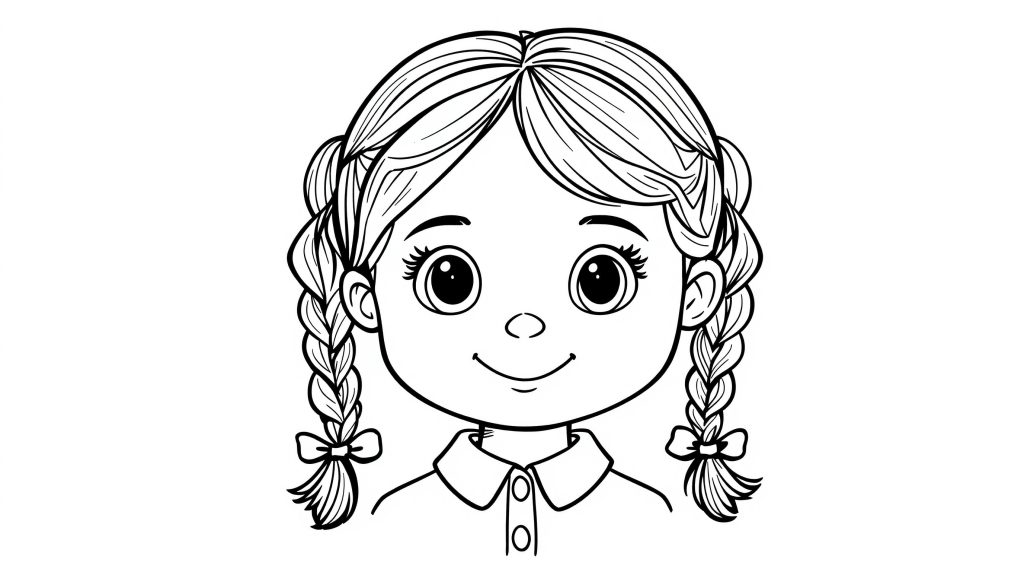 En charmig målarbok i Pinterest-stil med en flicka med flätade hästsvansar och band.