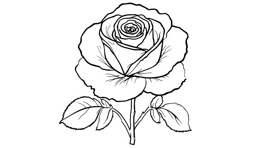 En detaljeret rose farvelægningsside med en fuldt udblomstret blomst med indviklede kronblade og botaniske elementer.
