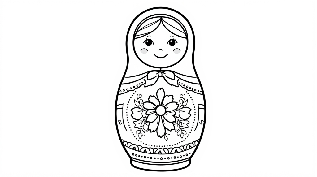 伝統的な花柄が美しいロシアのマトリョーシカ人形の塗り絵 - シンプルな線画デザイン
