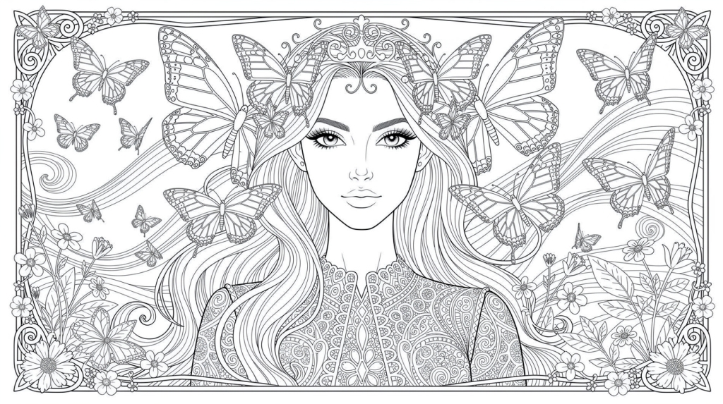 A young woman crowned with butterflies gazes forward, framed by Art Nouveau scrollwork and wildflowers.